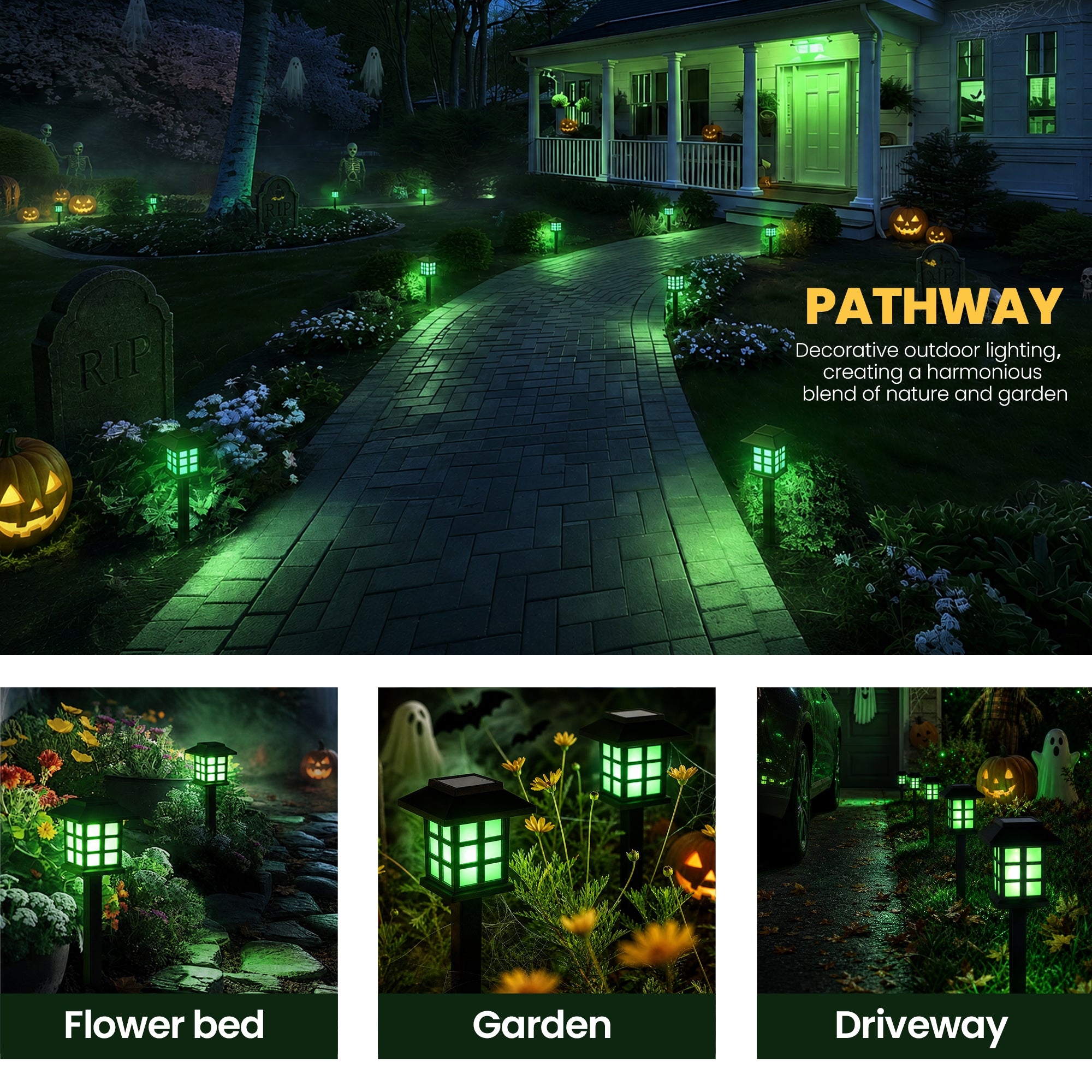 GIGALUMI Halloween Solar Lights Outdoor,12ps Green Halloween Decorations