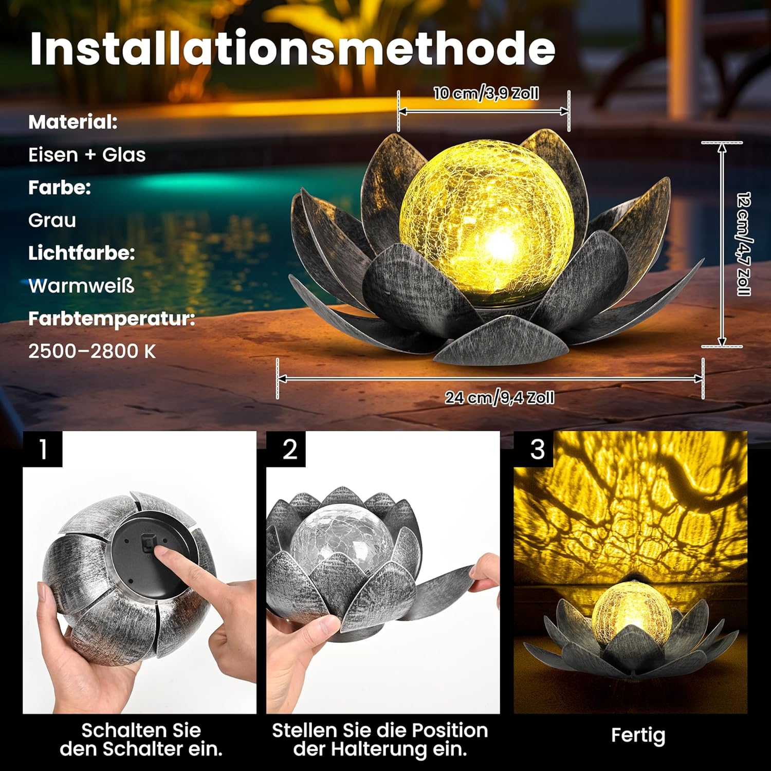 GIGALUMI Solar Lights Outdoor Garden Decoration, Adjustable Metal Petals, Lotus Flower, Glass Lantern, Table Decoration, Waterproof, for Patio (Grey)