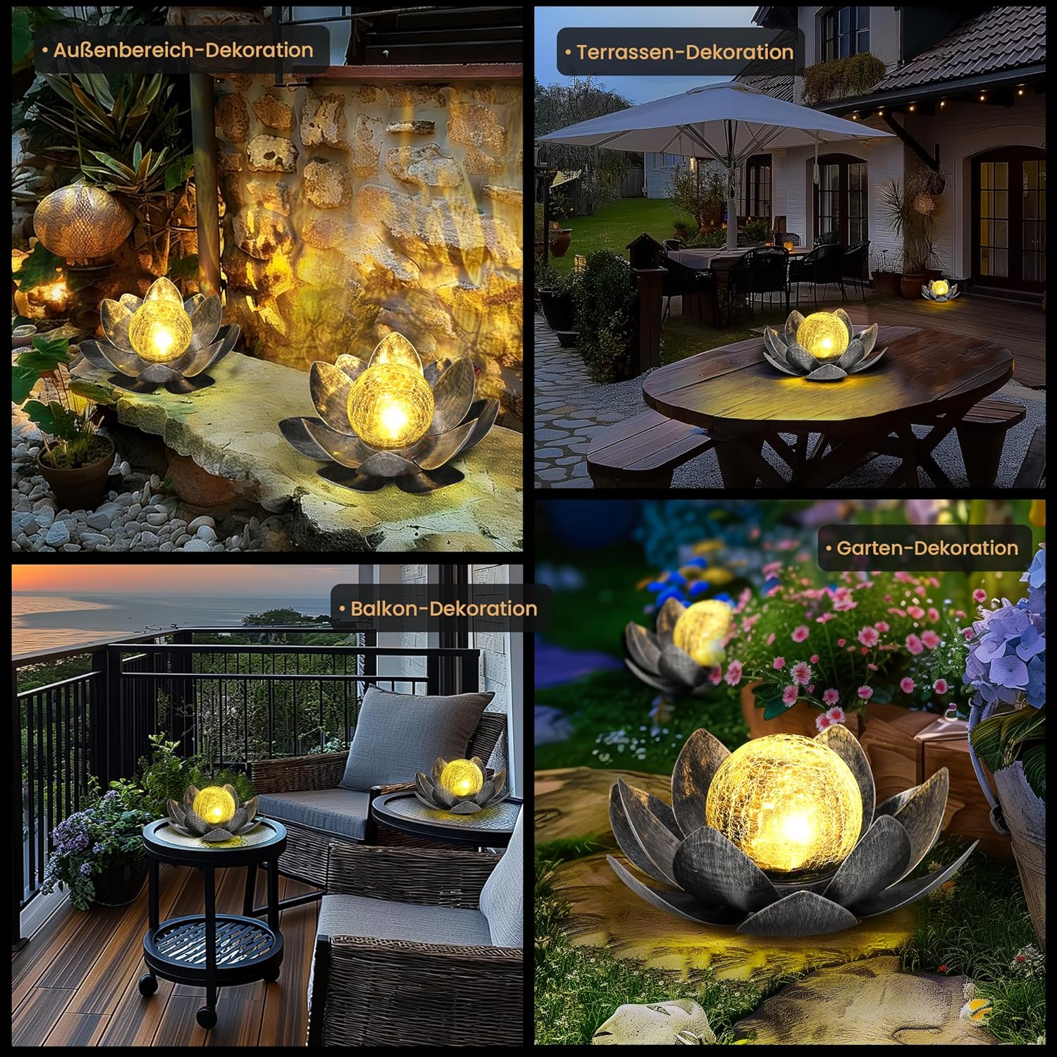 GIGALUMI Solar Lights Outdoor Garden Decoration, Adjustable Metal Petals, Lotus Flower, Glass Lantern, Table Decoration, Waterproof, for Patio (Grey)