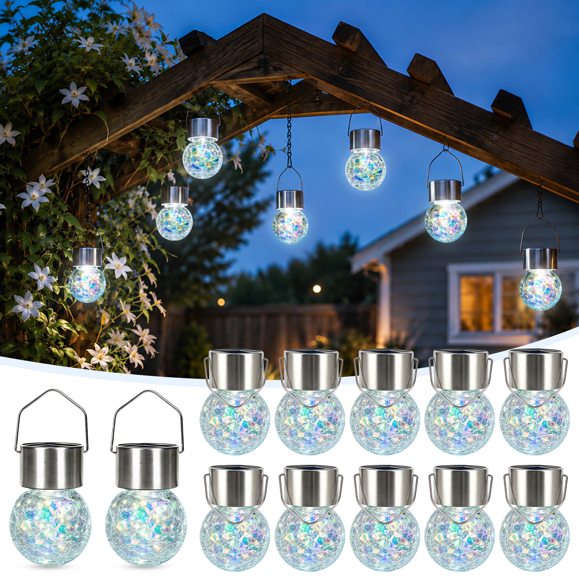 GIGALUMI Solar Hanging Lights Christmas Cold White, 12PC
