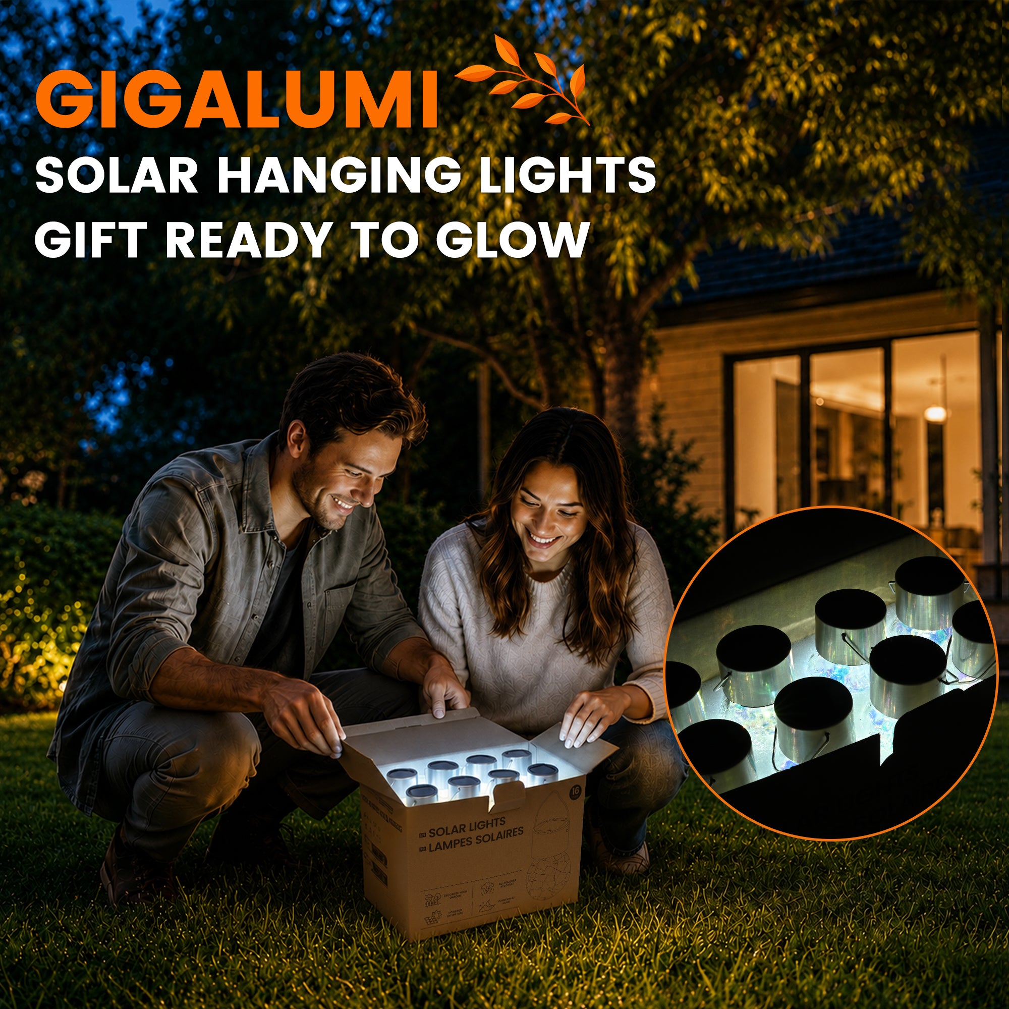 GIGALUMI Solar Hanging Lights Christmas Cold White, 12PC
