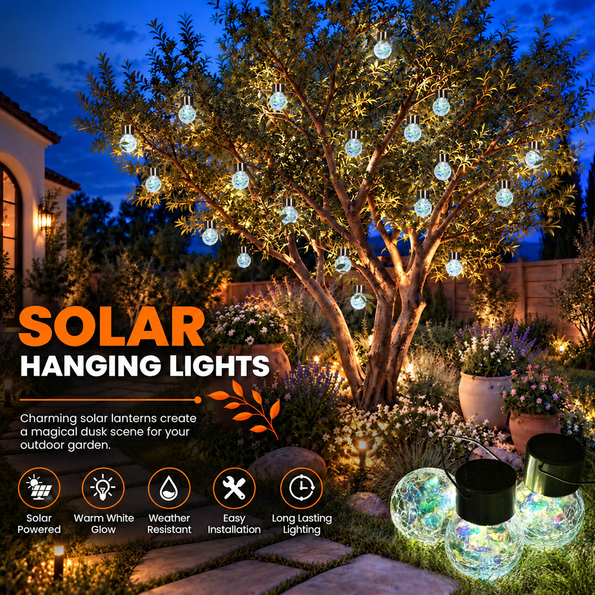 GIGALUMI Solar Hanging Lights Christmas Cold White, 12PC