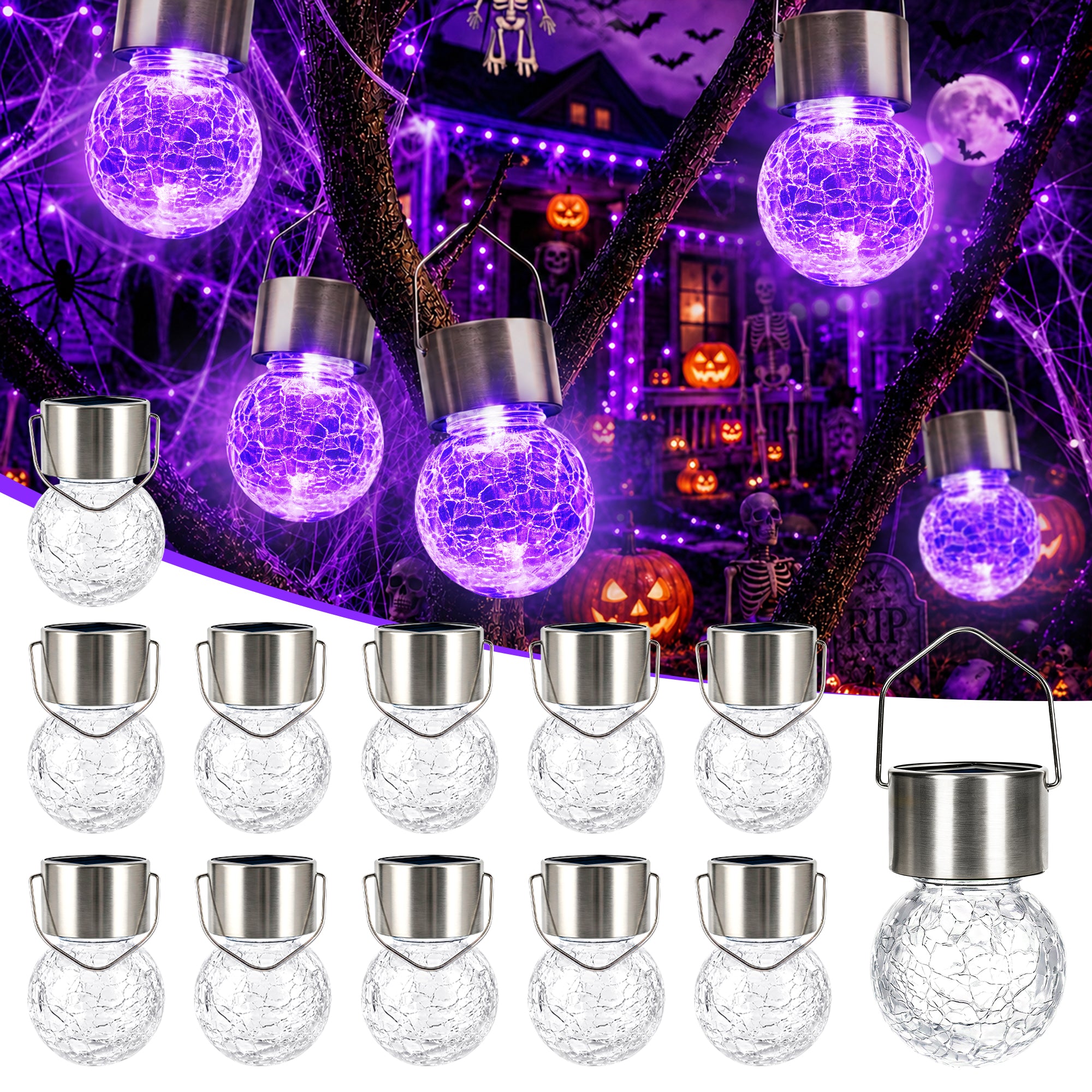 GIGALUMI Halloween Solar Lights Outdoor Solar Hanging Lanterns Outside 12PCS