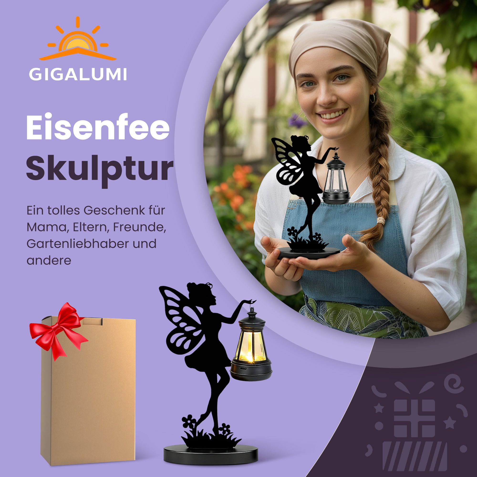 GIGALUMI Feen Solarlampen für Außen, Feen Gartendeko für Draußen Wetterfest Geschenke für Frauen, Mama, Dekorativ Solarleuchten für Außen, Garten Deko Draußen für Terrasse, Hof, Garten, Balkon(2 Stück)