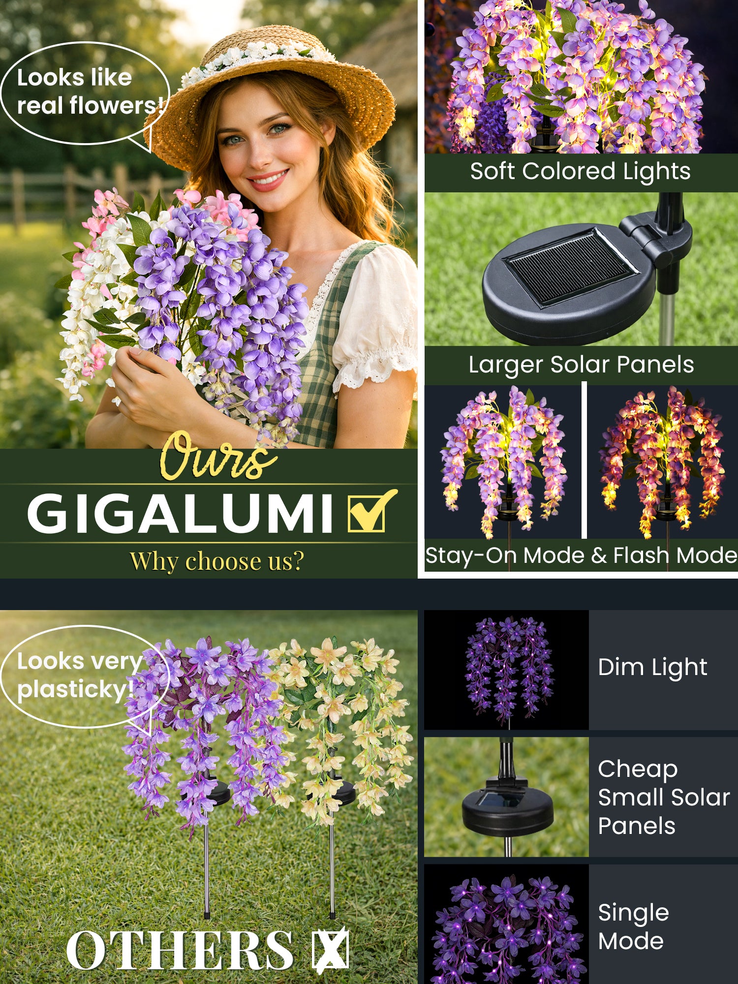 GIGALUMI Artificial Wisteria Solar Lights (3&6 Pack)