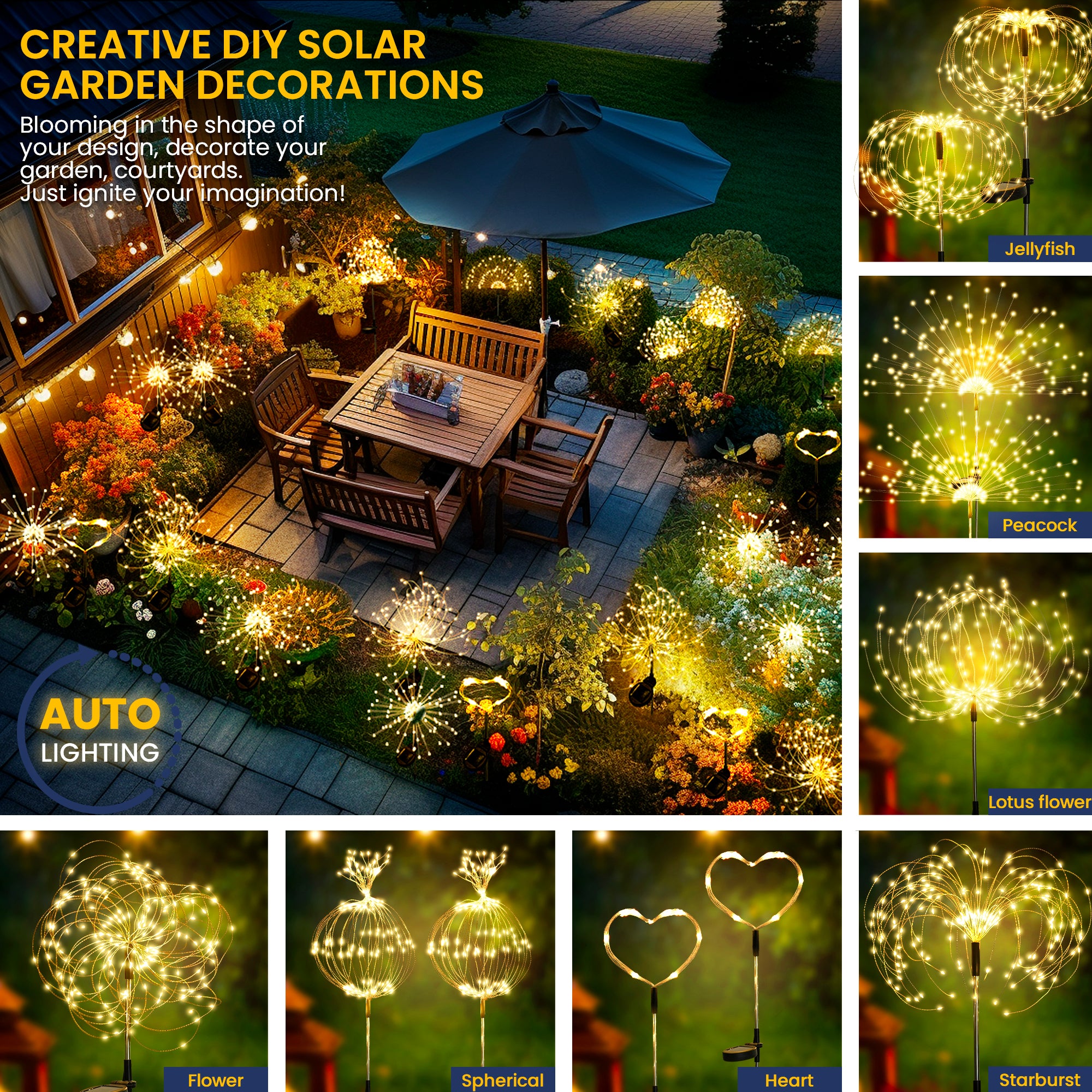 GIGALUMI 2 Pack Solar Firework Lights Outdoor, Garden Decor, Warm White