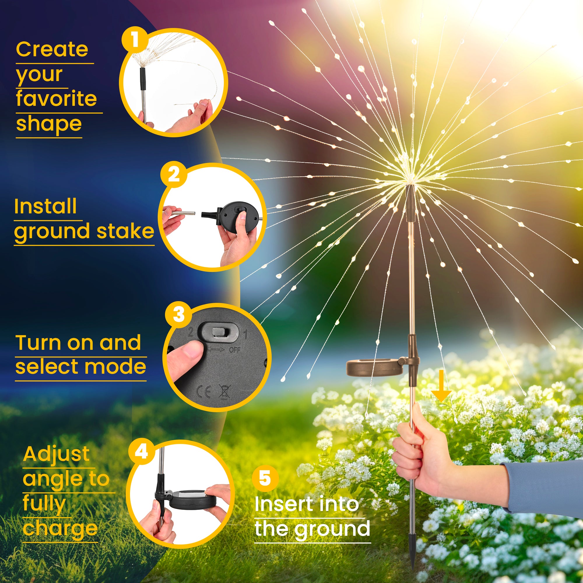 GIGALUMI 2 Pack Solar Firework Lights Outdoor, Garden Decor, Warm White