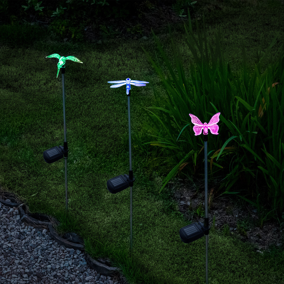 Color-Changing Hummingbird, dragonfly, flower, butterfly Garden Stake Light  Set